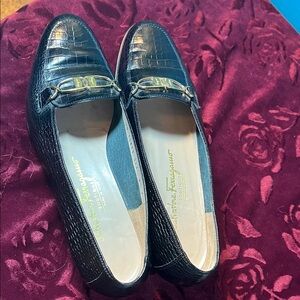Salvatore Ferragamo Vintage Black Croc-Embossed Loafers